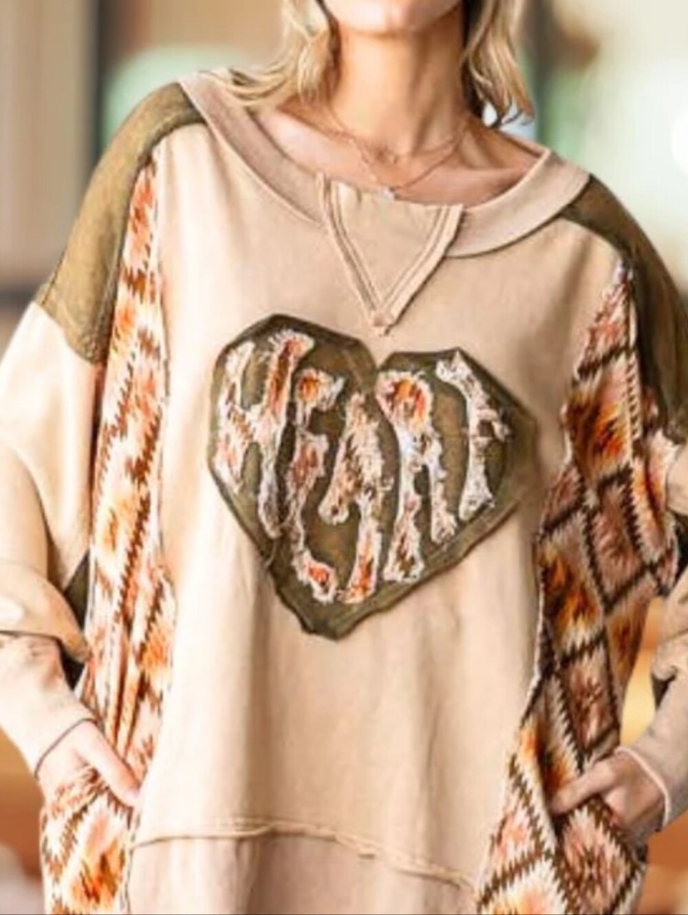 Oli & Hali Beige Vegan Heart Patch Pullover with Olive and Floral Accents